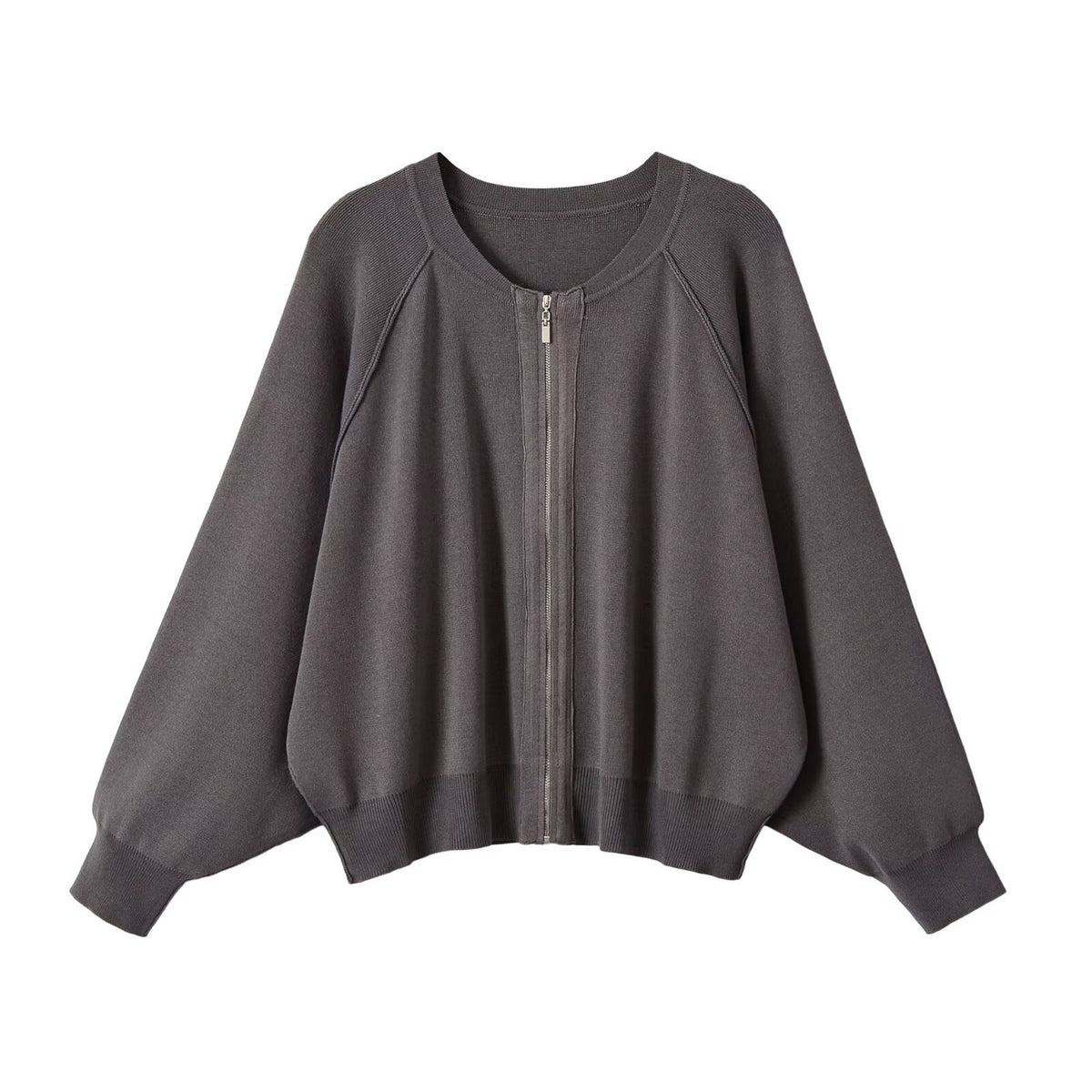 Zipper round neck long sleeved knitted sweater jacket